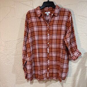 Croft & Barrow - brown, orange, and pink plaid flannel long sleeve - women's XXL